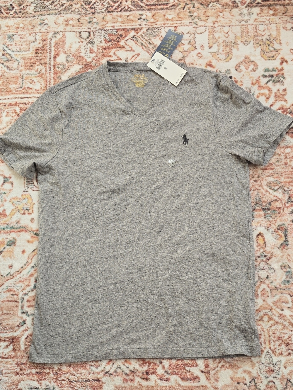 NWT Polo Ralph Lauren Heather Gray V-Neck Logo Tee Custom Slim Fit Med